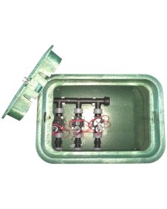 Ventilstation mit 3 HUNTER-Magnetventilen Grösse 1", komplett mit O-Ring-Verschraubungen vormontiert, einschl. Ventilboxboden, Anschl. 1"AG